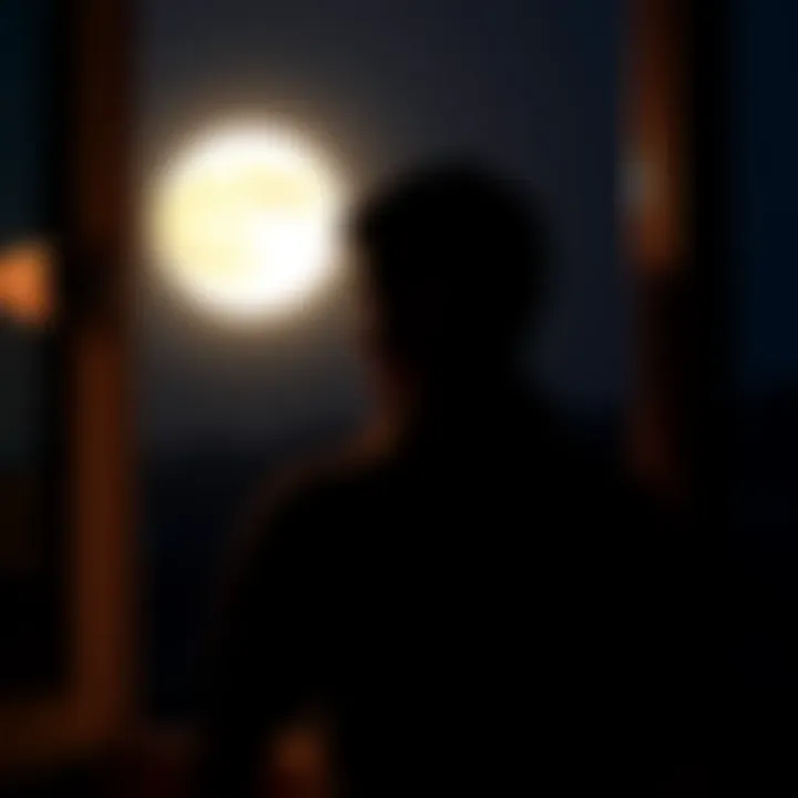 Individual staring out at a bright full moon, reflecting on feelings of sleeplessness and sadness, while nighttime surroundings create a calm yet contemplative atmosphere.