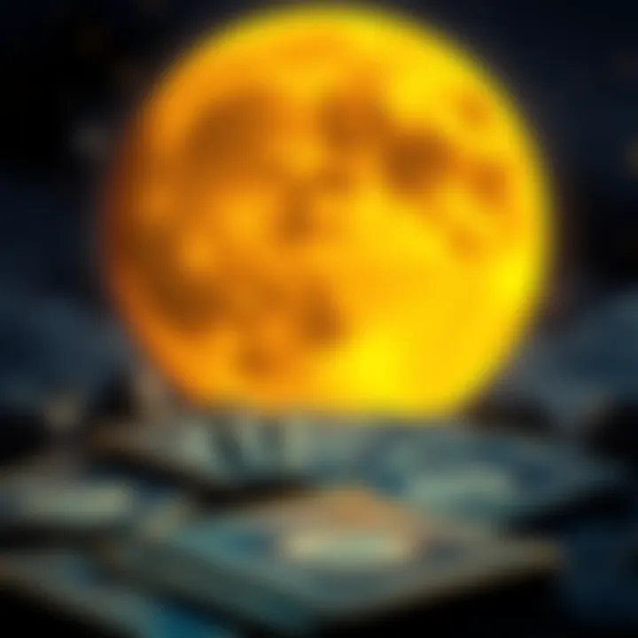 A full moon shining brightly with moonology oracle cards spread out underneath it