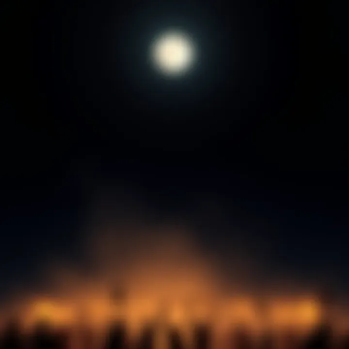 A bright full moon shining in a clear night sky, symbolizing new beginnings. Below, people are gathered, performing rituals under the moonlight for personal growth and renewal.
