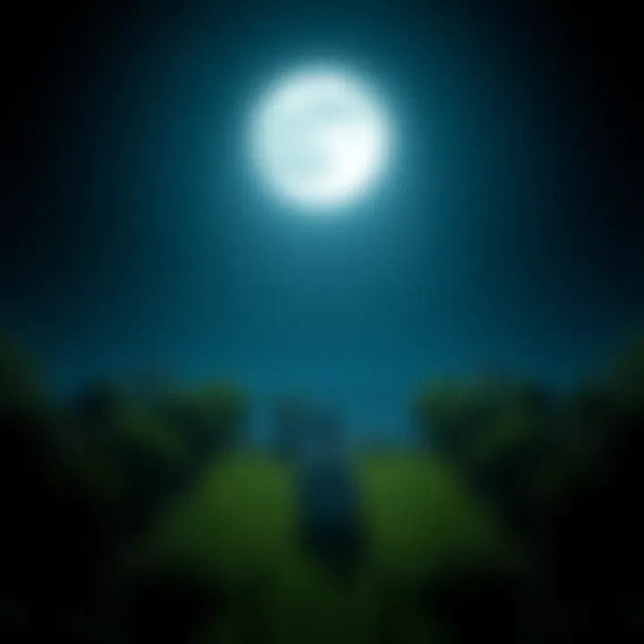 A glowing full moon in a dark sky, casting light on a person sitting in a peaceful garden, looking contemplative.