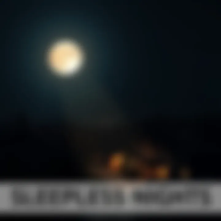 Full Moon Over a Sleepy Town A bright full moon illuminates a quiet town at night, with silhouettes of homes and trees under the moonlight, suggesting serenity yet hinting at sleeplessness.