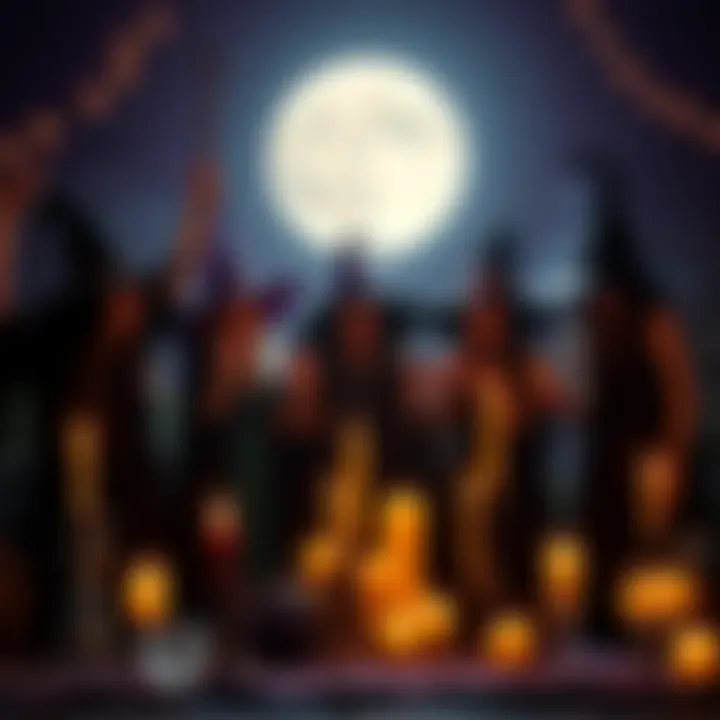 A group of witches celebrating under a bright full moon, surrounded by candles and magical tools.