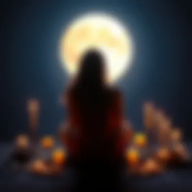 A person sitting peacefully under a full moon, surrounded by candles and crystals, reflecting on their energy and intentions