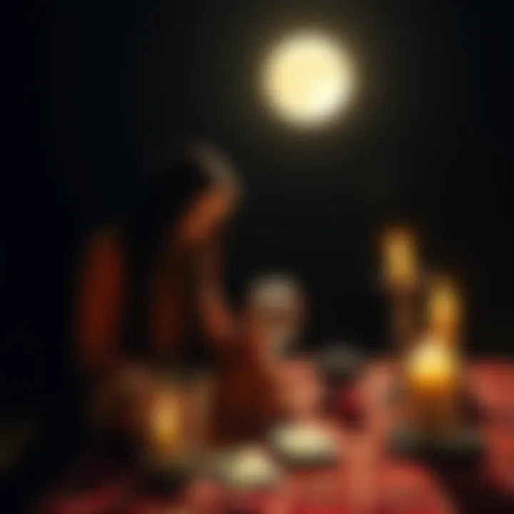 A person collecting moon water under a bright full moon, with tarot cards and an altar set up nearby.