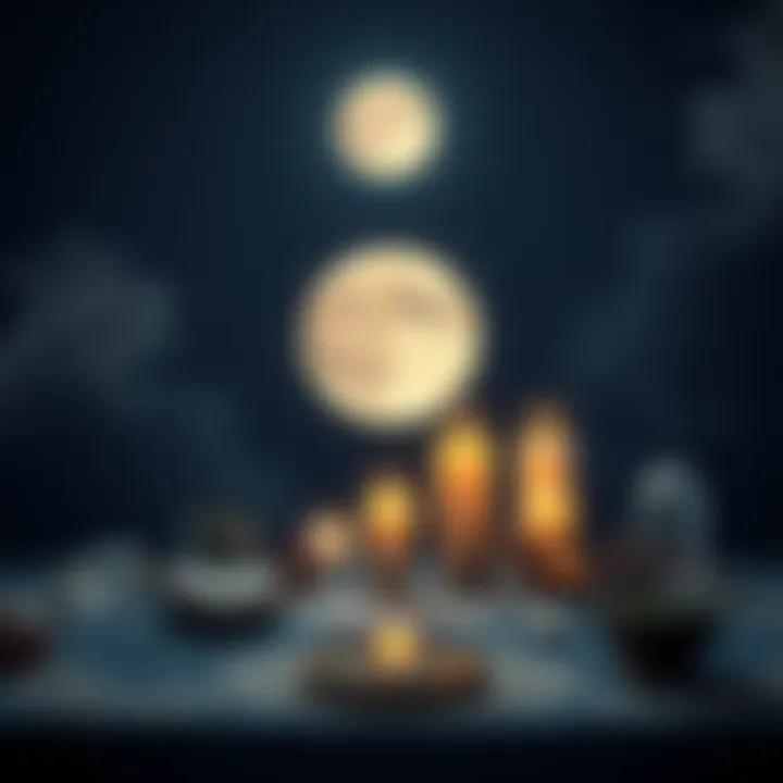A full moon shining brightly in a night sky with candles, crystals, and herbs laid out on a table for rituals.