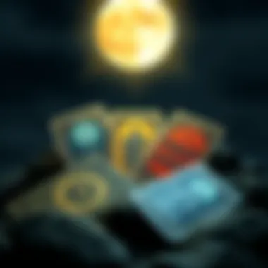 Full Moon Tarot Cards Five tarot cards laid out under a glowing full moon, symbolizing trust and surrender for personal reflection.