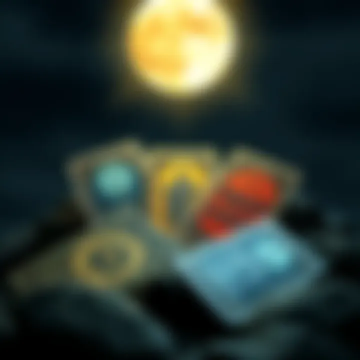 Full Moon Tarot Cards Five tarot cards laid out under a glowing full moon, symbolizing trust and surrender for personal reflection.