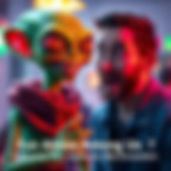 A playful alien with a big smile and colorful features interacts with a surprised human in a lighthearted scene.