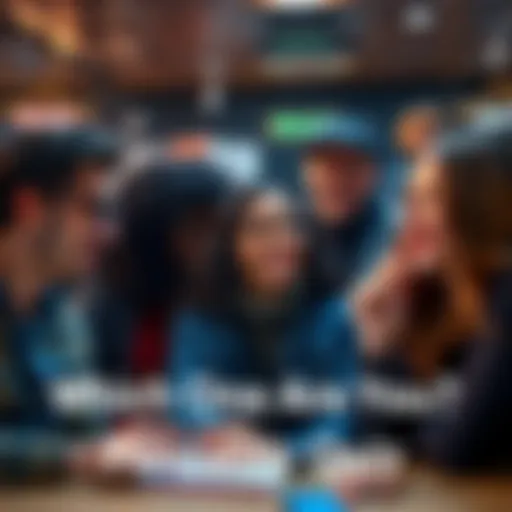 A cheerful group of diverse people taking a quiz together, smiling and thinking thoughtfully about their answers.