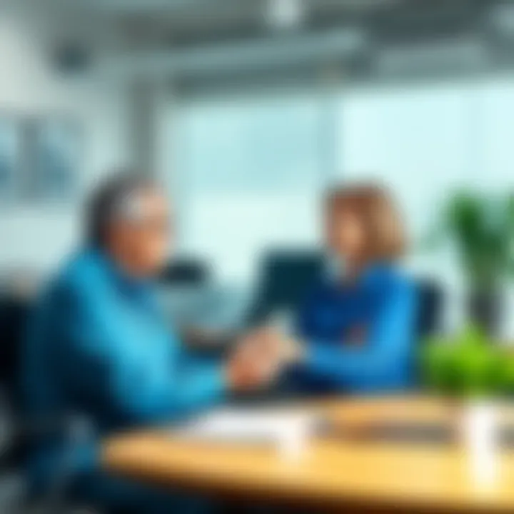 Funeral home workers chatting in a quiet office Two funeral home employees engaged in conversation in a calm office environment, reflecting on their experiences during slow days