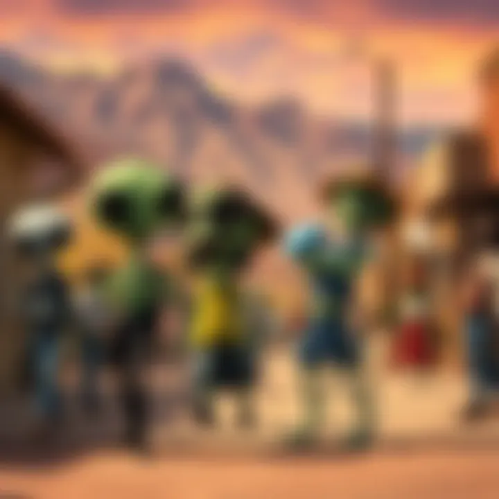 Funny Alien Characters in Nevada Town A group of quirky alien characters interacting with townspeople in a lively Nevada desert setting