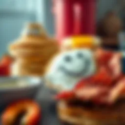 A table filled with funny and quirky breakfast items like pancakes stacked high, a smiling sunny-side-up egg, and bacon shaped like a smiley face.