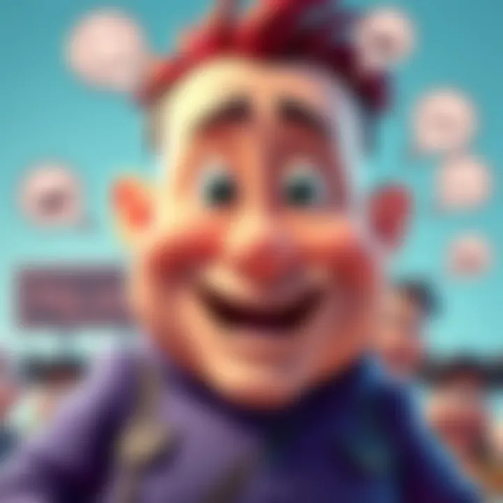 A cartoon character with a large head and a playful expression, showing exaggerated features and a big smile, surrounded by humorous elements like laughter bubbles