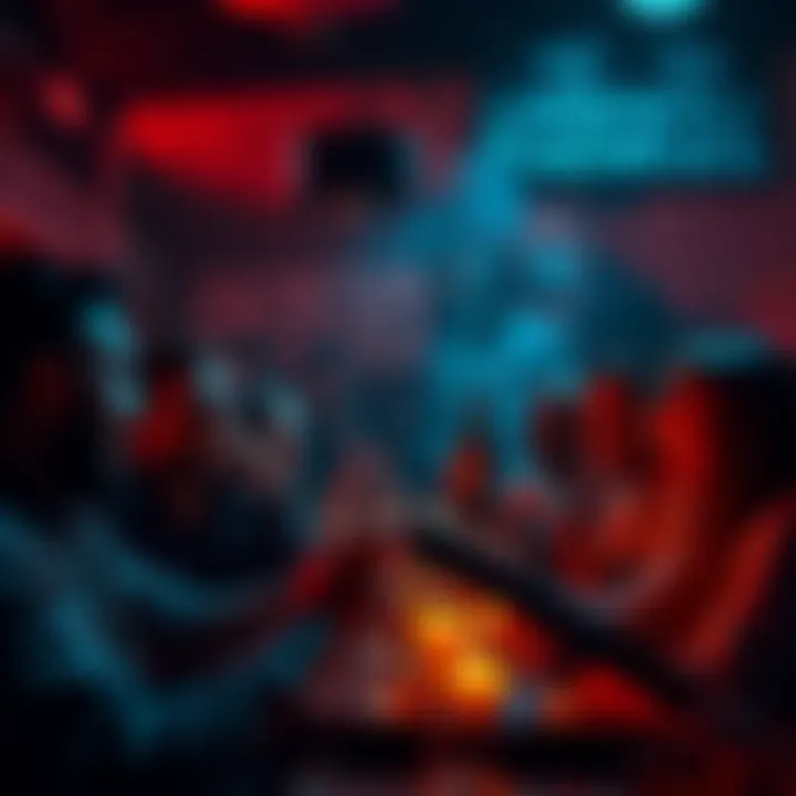 Group of people laughing and discussing conspiracy theories at a themed party with humorous decorations