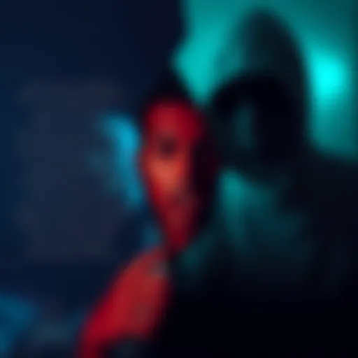 A split scene showing humorous lyrics from a popular rap song on one side and eerie visuals from a music video on the other, creating a contrast of emotions.