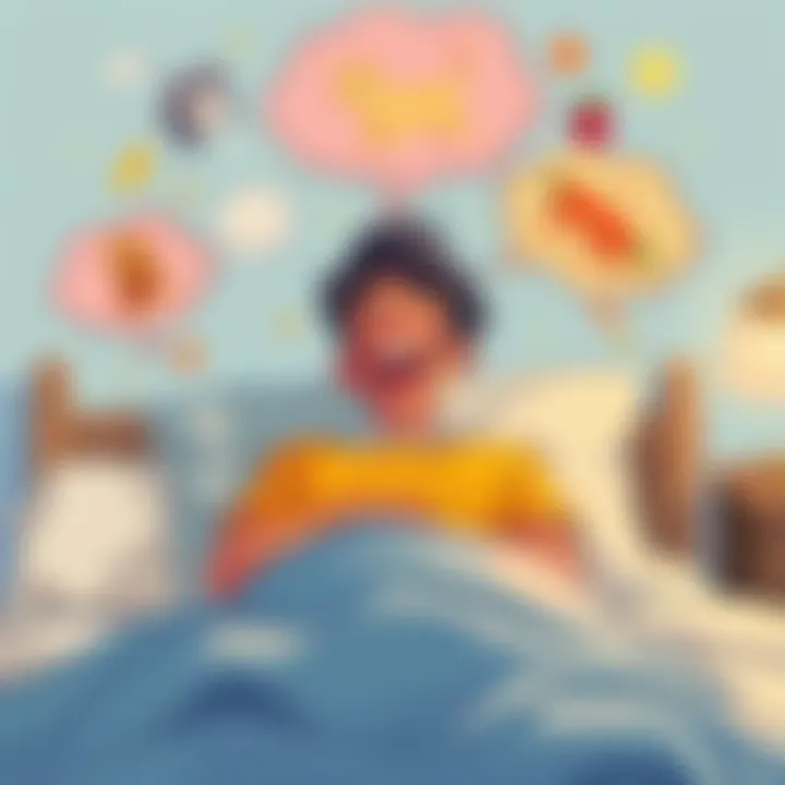 A colorful cartoon of a person laughing in bed with whimsical dream bubbles above their head, filled with silly images like flying cats and dancing food, representing funny dreams.