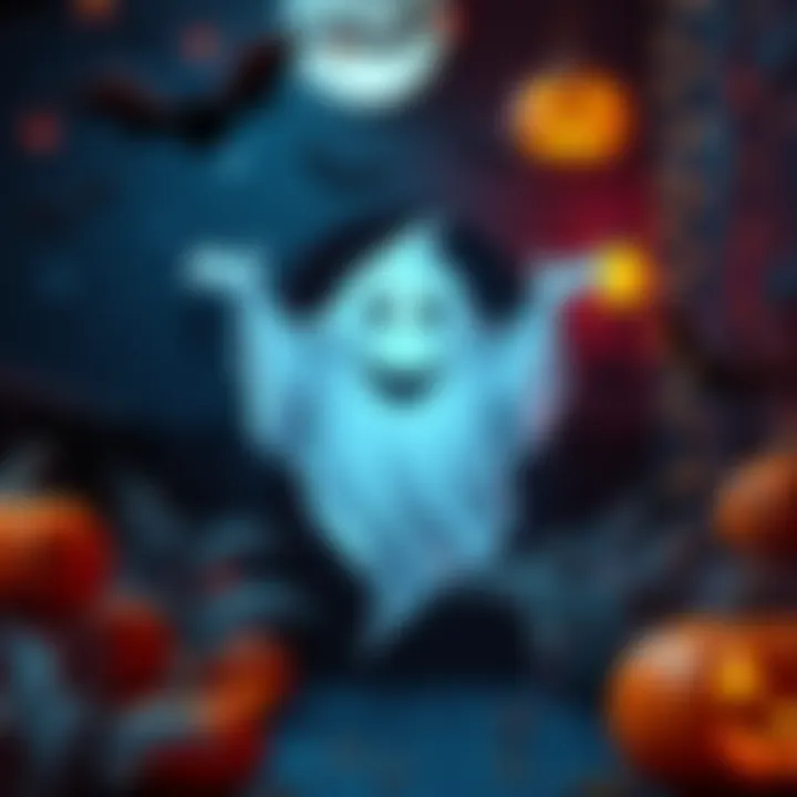 A cheerful ghost floating with a big smile, surrounded by lighthearted spooky decorations like friendly bats and friendly pumpkins.