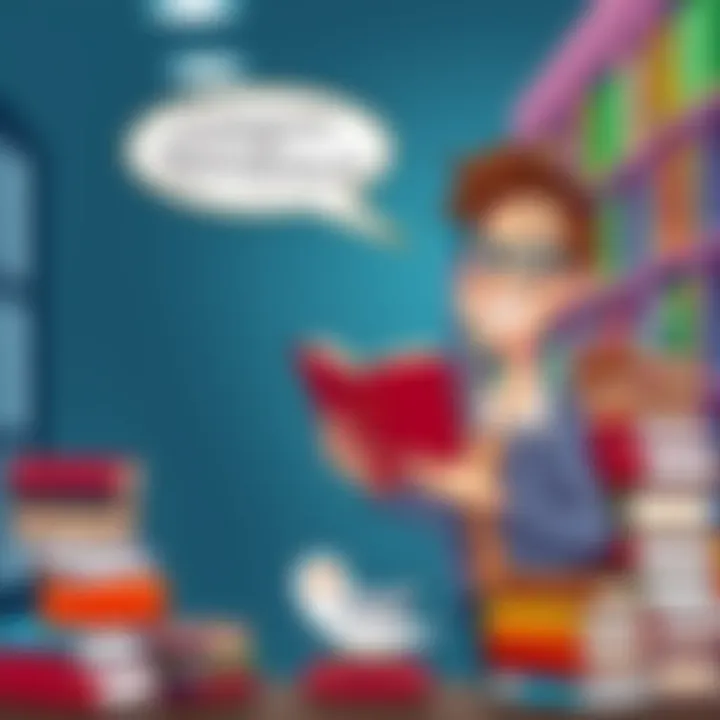 A cartoon image of a librarian holding a book with a big smile, surrounded by stacks of humor books, with a speech bubble showing a playful joke.