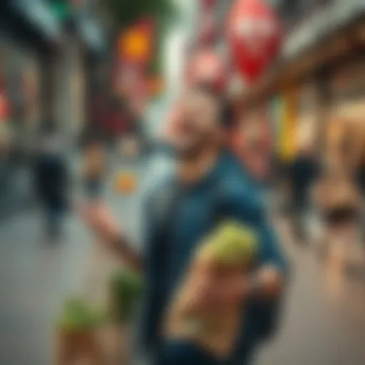 A person laughing while juggling groceries on a busy sidewalk, showcasing the humor in daily tasks