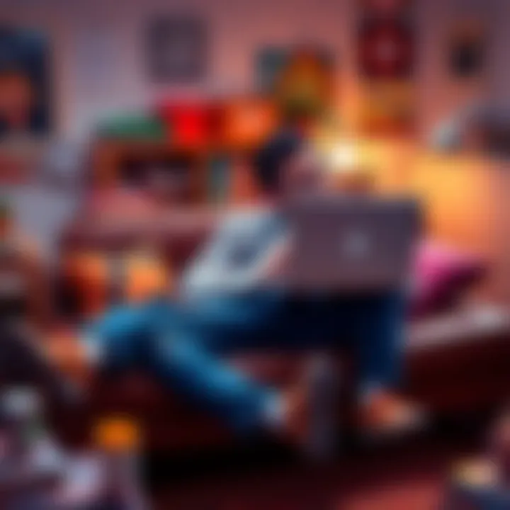 Funny procrastinator at work A person lounging on a couch with a laptop, laughing while putting off tasks, surrounded by snacks and a cluttered workspace