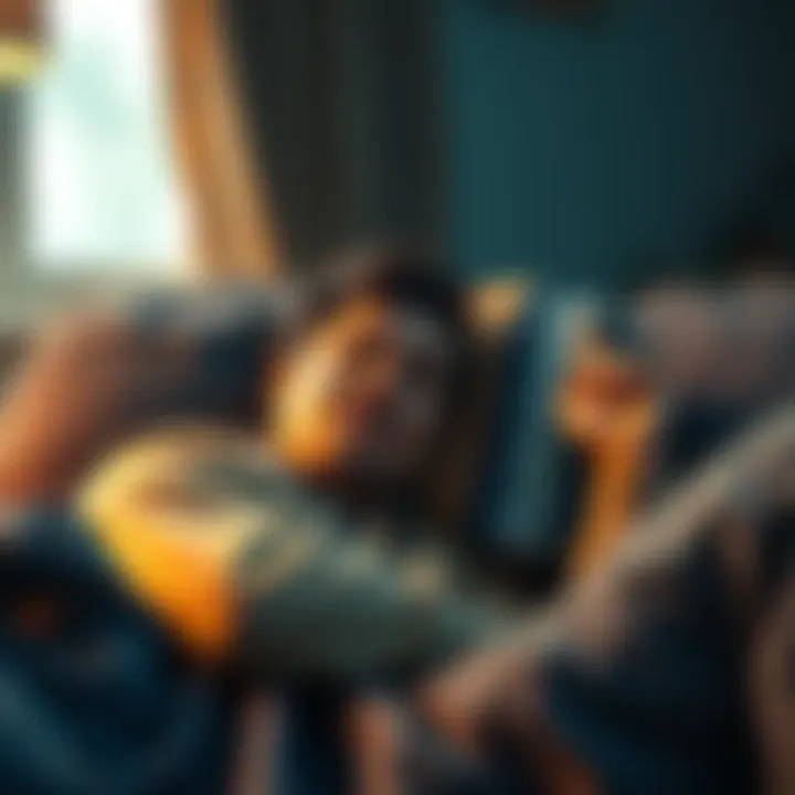 A person having a strange dream while sleeping on a friend's couch, with a quirky expression on their face