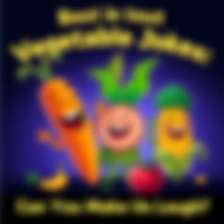 Funny Vegetable Jokes Illustration A colorful cartoon of various vegetables laughing together, including a carrot, corn, and broccoli, showcasing humor and joy.