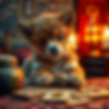 A charming furry pet interacting with tarot cards during a tarot session