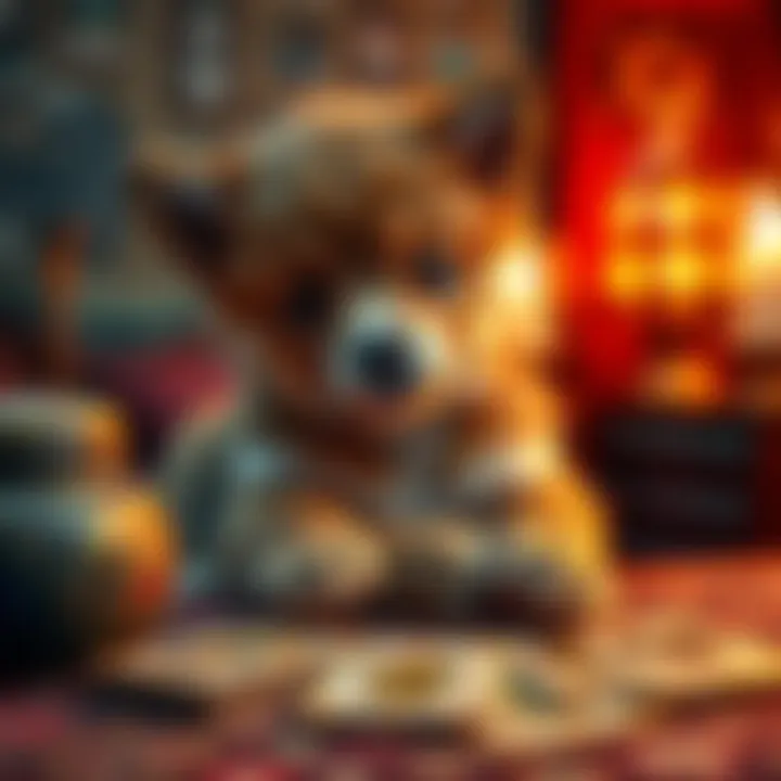 A charming furry pet interacting with tarot cards during a tarot session