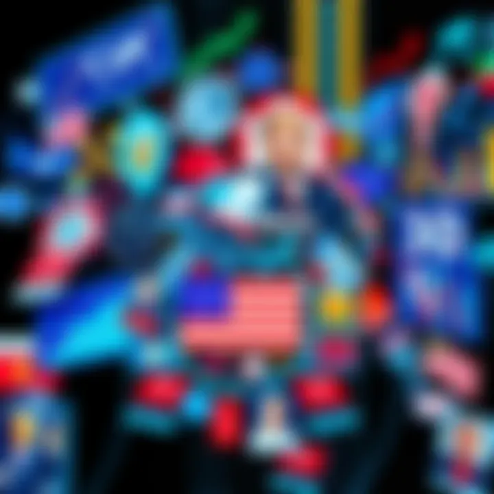 A collage representing future events in America and the world, including political symbols, financial graphs, and technology icons.