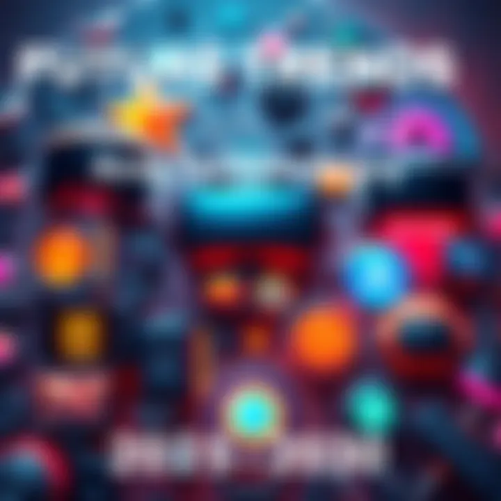 A collage showing futuristic elements like virtual reality headsets, streaming media icons, and artificial intelligence symbols, representing predictions for entertainment and tech advancements from 2026 to 2030.