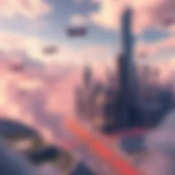 A futuristic city skyline with advanced technology, green spaces, and flying vehicles in the sky representing life in 2050.