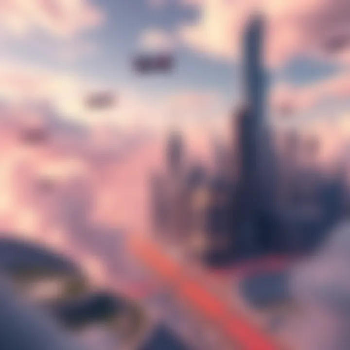 Future City Concept A futuristic city skyline with advanced technology, green spaces, and flying vehicles in the sky representing life in 2050.