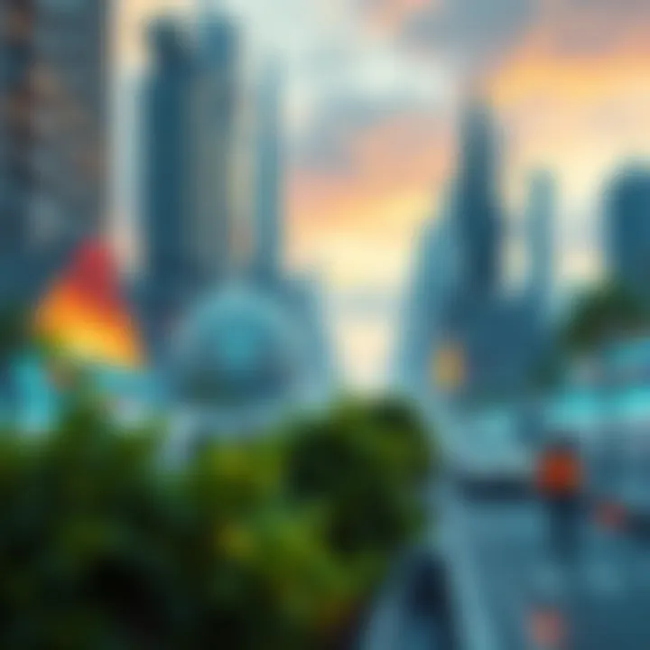 A futuristic city with green spaces, renewable energy sources, and people interacting with technology.