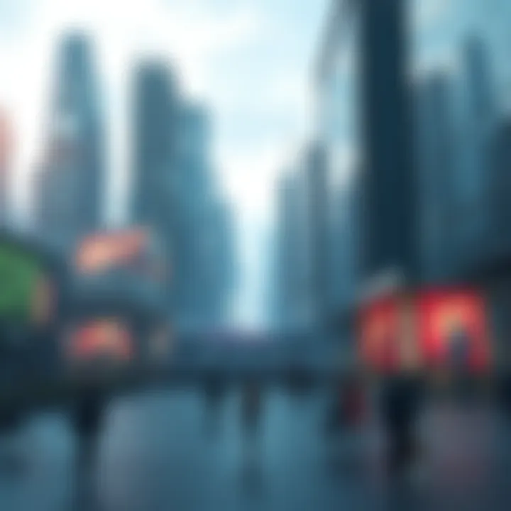 A futuristic city with advanced technology, green spaces, and diverse people walking around, representing life in 2028.