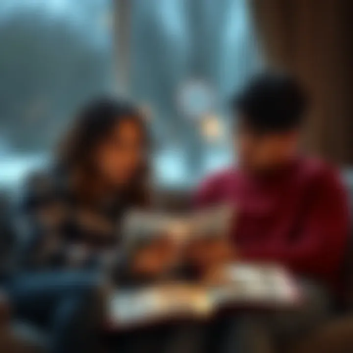 A couple sitting together, looking thoughtfully at a family photo album, reflecting on their hope to have biological children in the future.