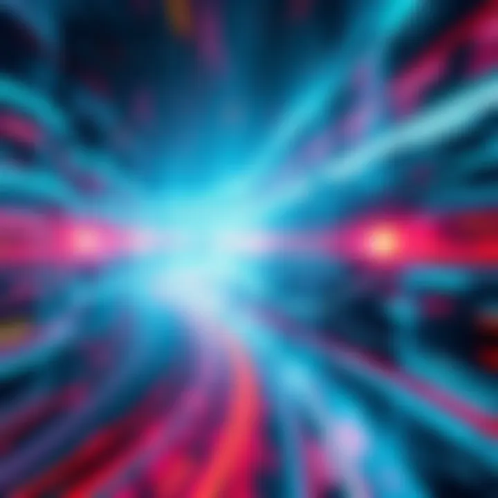 Future Forces Impacting Present An abstract representation of future forces interacting with the present, showing glitch-like effects and overlapping timelines.