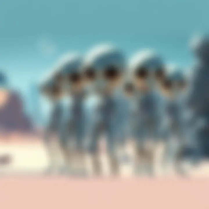 An illustration of Greys, resembling humans with large heads and big black eyes, standing in a futuristic setting, hinting at time travel and reality shifts.