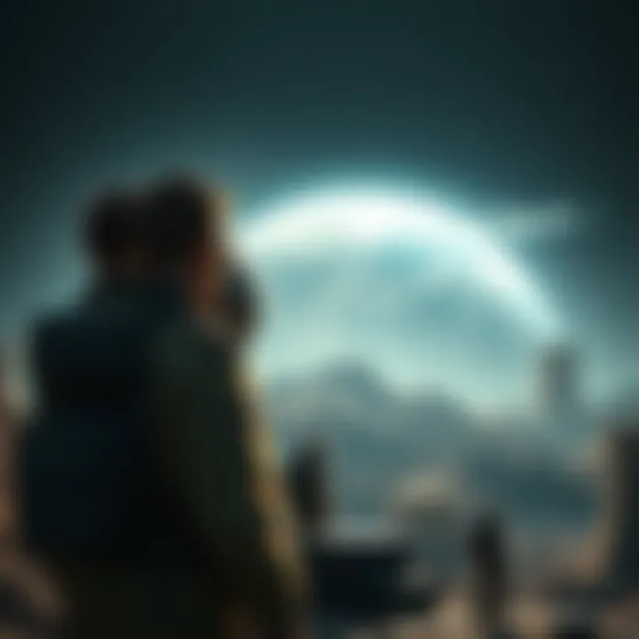 A futuristic scene depicting humans in advanced suits observing Earth from a distance, with nuclear plants visible. They appear curious and cautious, hinting at a journey through time.