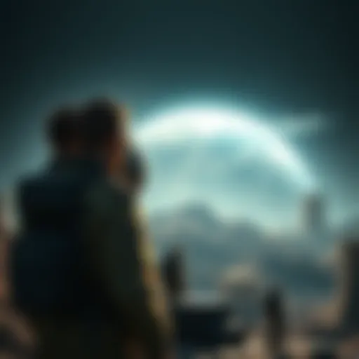 Future Humans Observing Earth A futuristic scene depicting humans in advanced suits observing Earth from a distance, with nuclear plants visible. They appear curious and cautious, hinting at a journey through time.