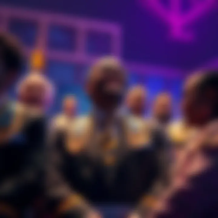 A hopeful man in formal attire, surrounded by supportive friends, waiting for a vote on his initiation into a Mason lodge, showing anticipation and gratitude.