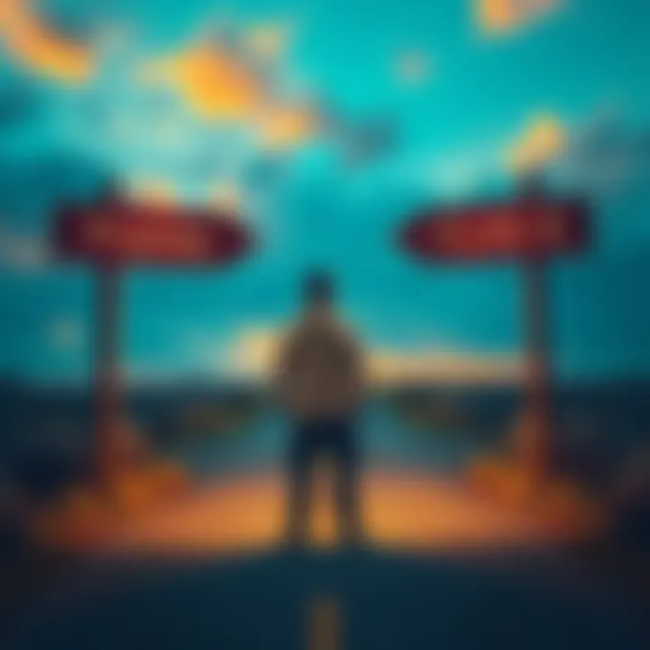 A person contemplating a crossroads with signs pointing to 'Prophecy' and 'Plan B', symbolizing choices about the future.