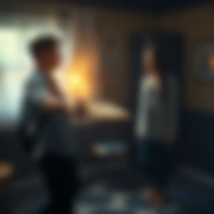 A person in casual clothes stands in a dimly lit room, extending a hand with a book towards their future self, who appears slightly blurred. The book is old-fashioned, with handwritten notes visible o...