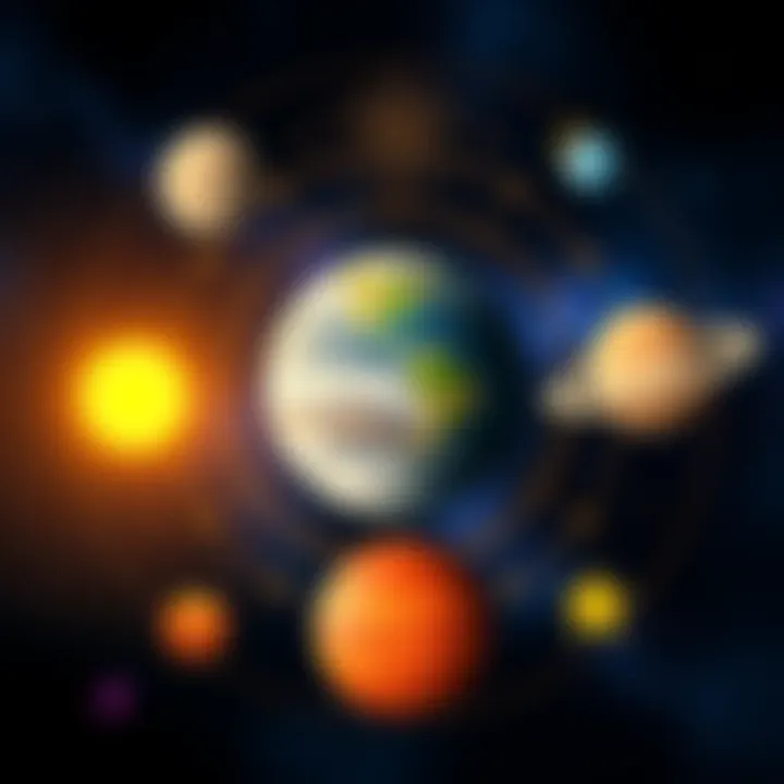 An illustration of planets like the Sun, Moon, and Mars surrounded by symbols representing relationship traits, showcasing their influence on future soulmates.