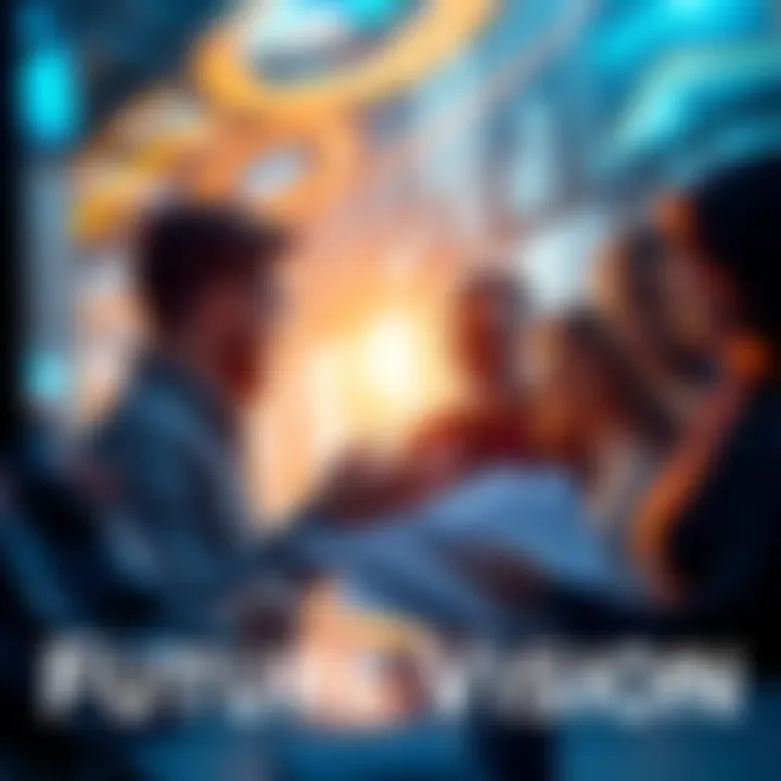 A group of diverse people discussing futuristic plans with digital screens and blueprints.