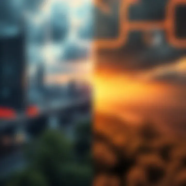 A split image showing a futuristic city filled with technology on one side and a serene rural landscape from the past on the other side, symbolizing the choice between two eras of existence.