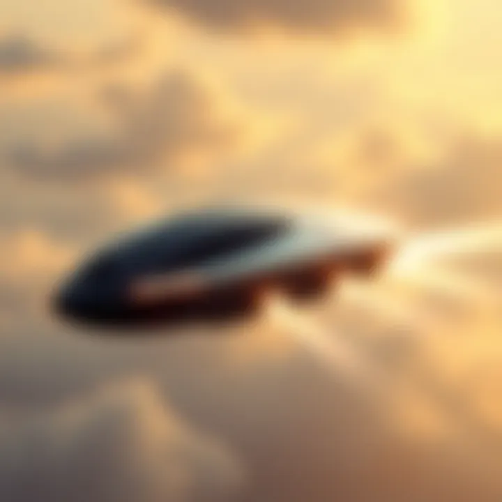 Futuristic anti-gravity vehicle in flight A sleek, futuristic vehicle hovering in the sky, demonstrating anti-gravity technology with beams of light underneath.