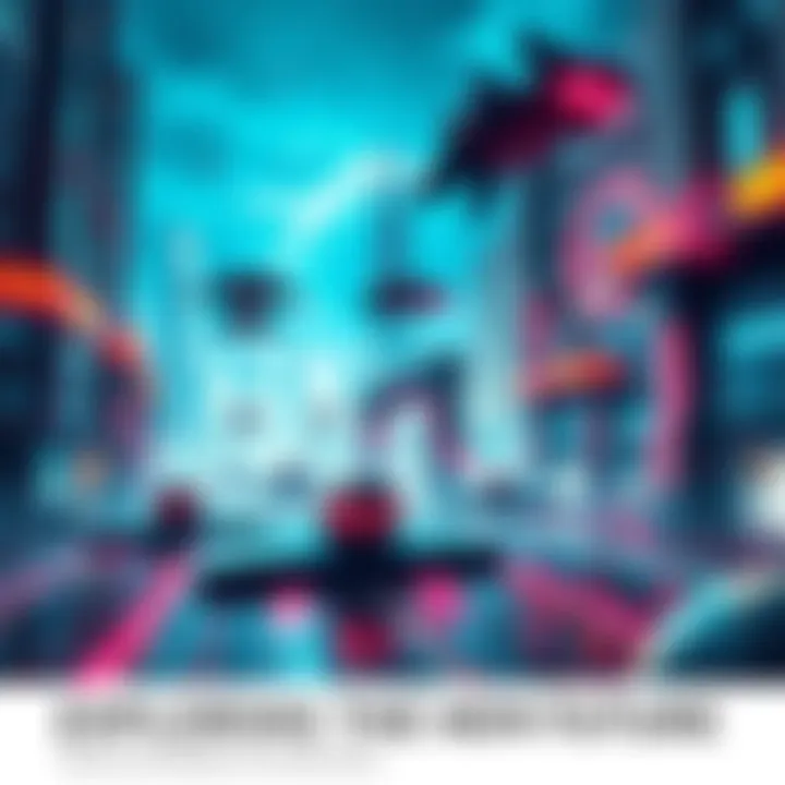 A vibrant cityscape showcasing advanced technology with glowing portals and flying vehicles