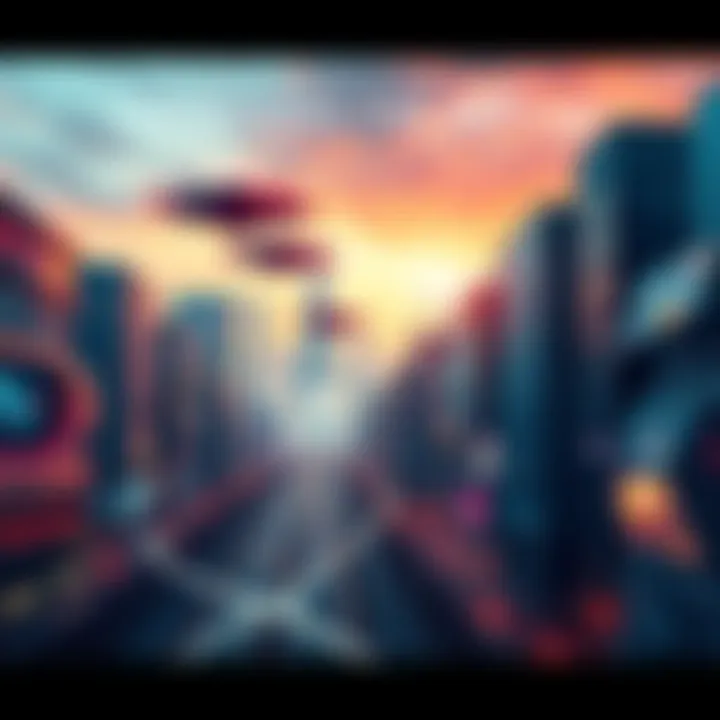 Futuristic City A vibrant city skyline with advanced technology, showcasing flying vehicles and digital displays, illustrating a vision of life in the near future.