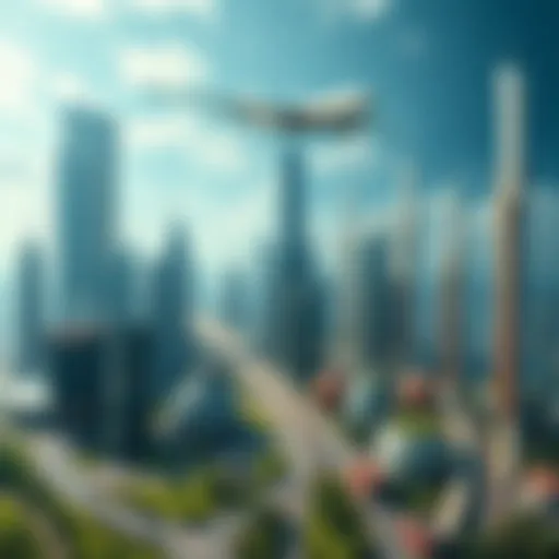 A modern city with advanced technology, featuring tall buildings, flying vehicles, and green spaces.