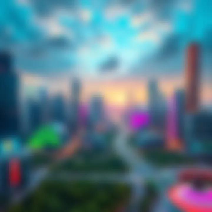 A vibrant city skyline of the future with green spaces and advanced technology.